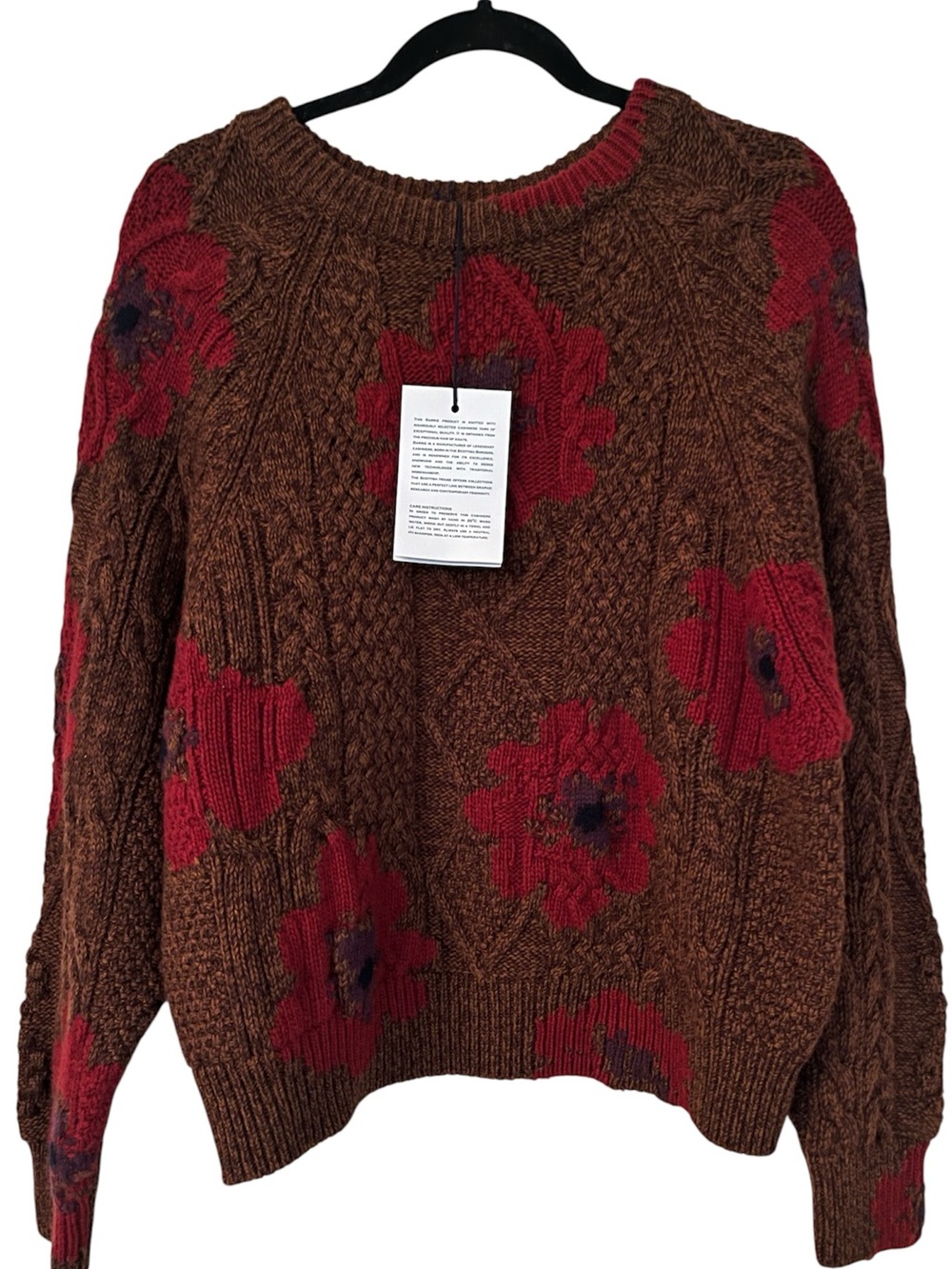Barrie cable-knit sweater red floral intarsia 100% cashmere sz S NWT